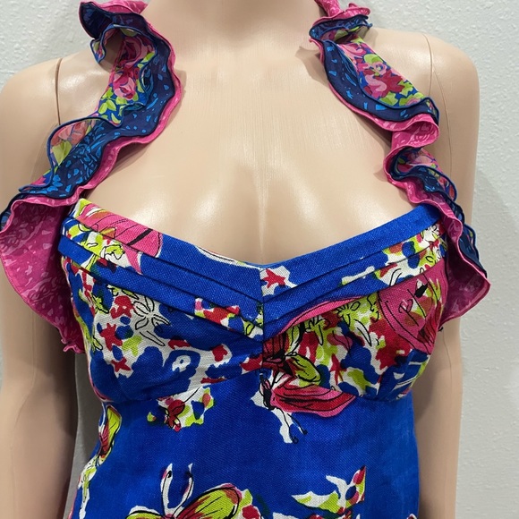 Nanette Lepore Ruffle Halter Butterfly Floral Tie Back Mini Dress 6 - Picture 2 of 5